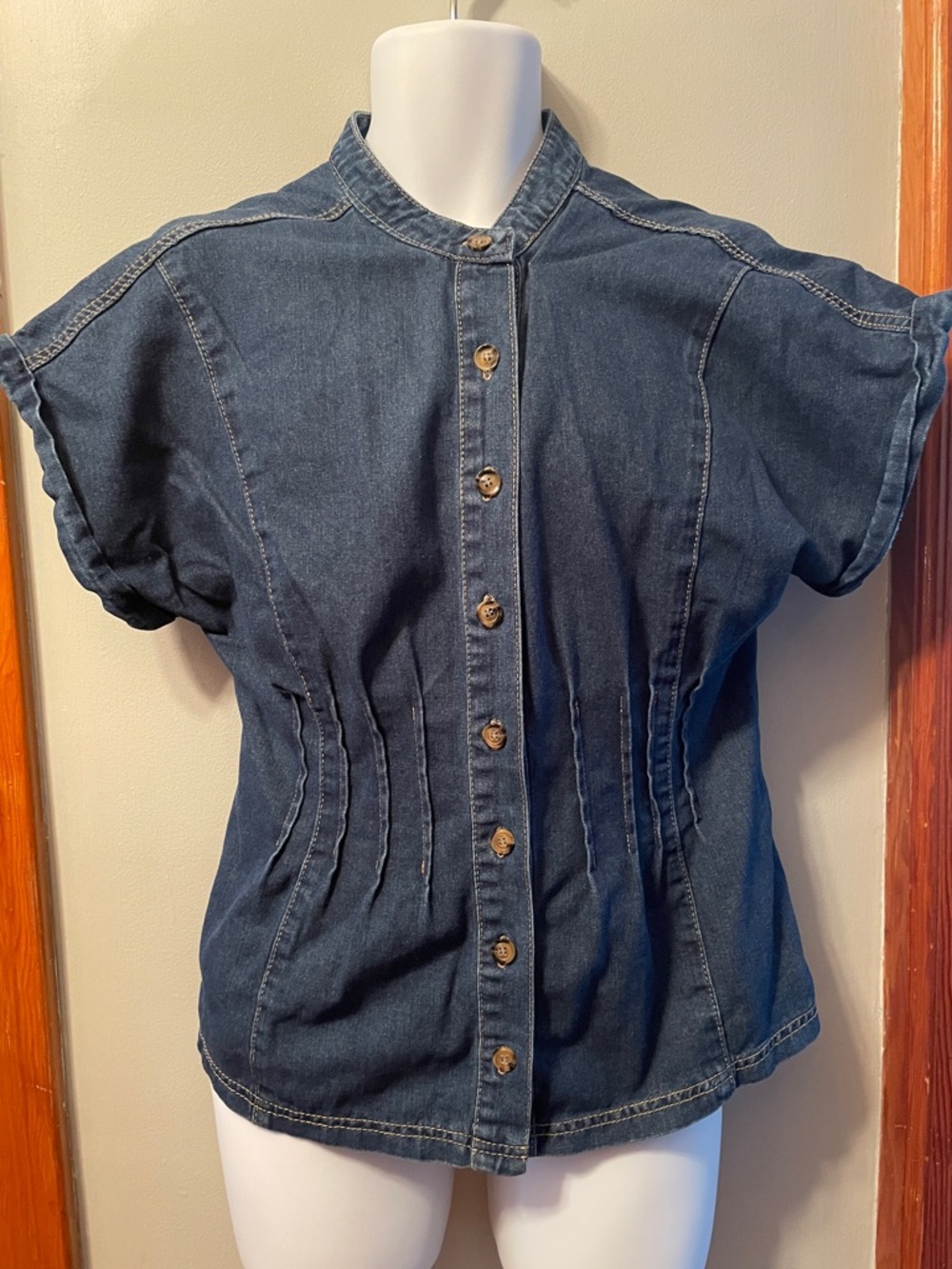 Dark Blue Denim Button-Front Short Sleeve Vertical Seam Fitted Women’s Shirt
